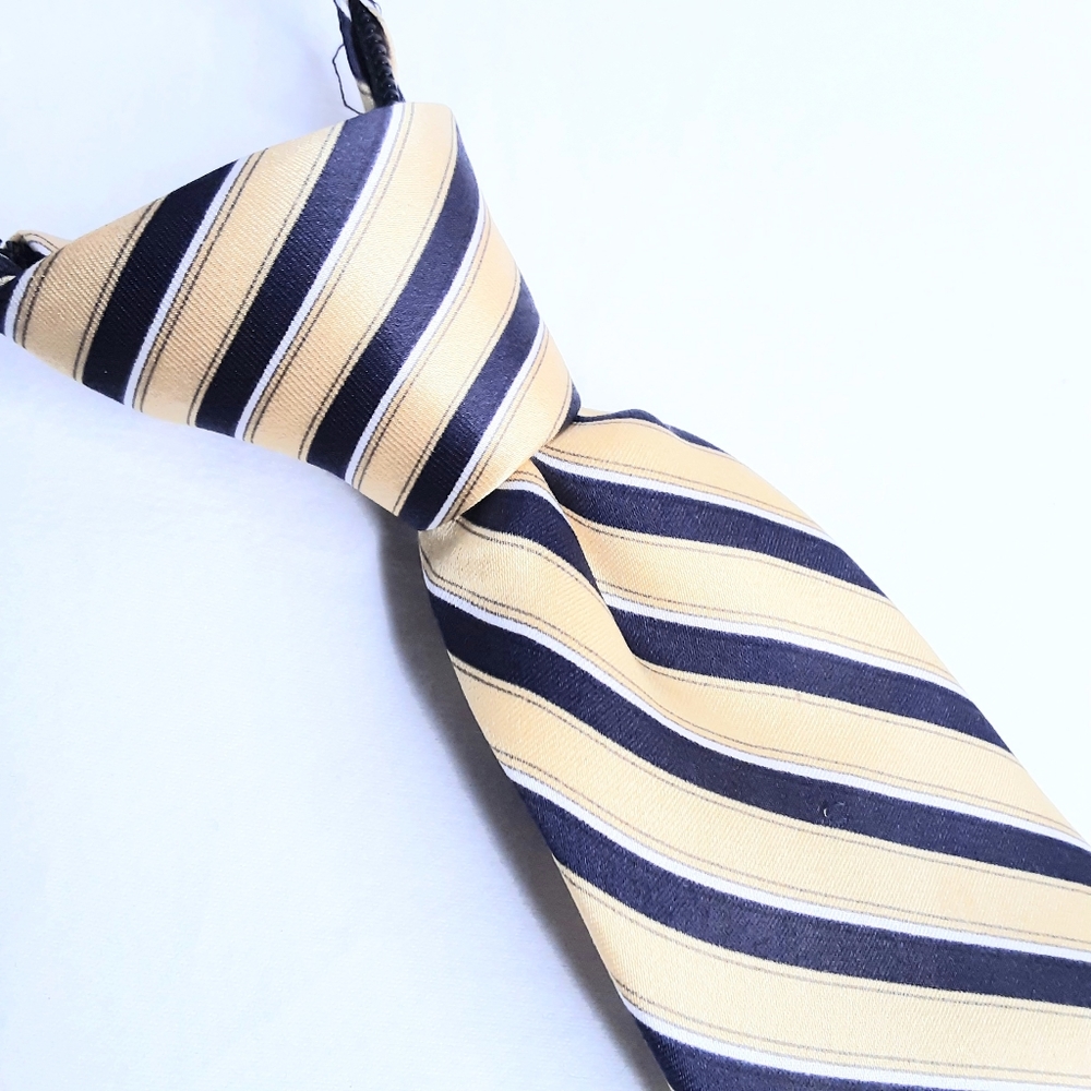 💎Yorkshire Youth Silk Zipper Tie Yellow & Navy Blue Diagonal Stripe Tie